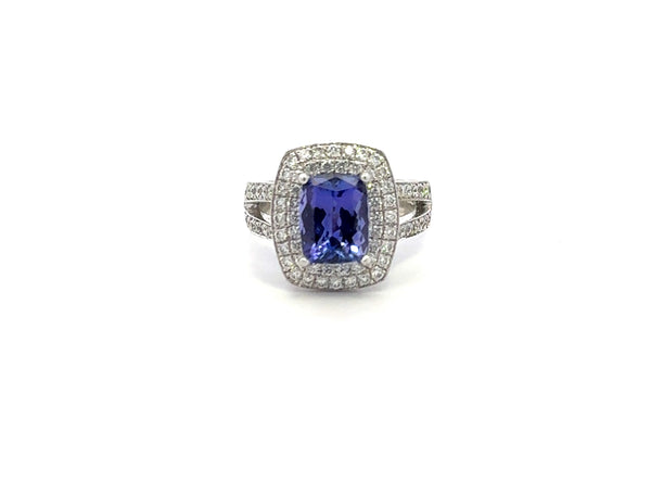 RING 18CT WHITE GOLD COCKTAIL CLAW SET NATURAL CUSHION CUT TANZANITE AND NATURAL BRILLIANT CUT DIAMONDS PAVE' SET HAND CRAFTED BY CRICELLI