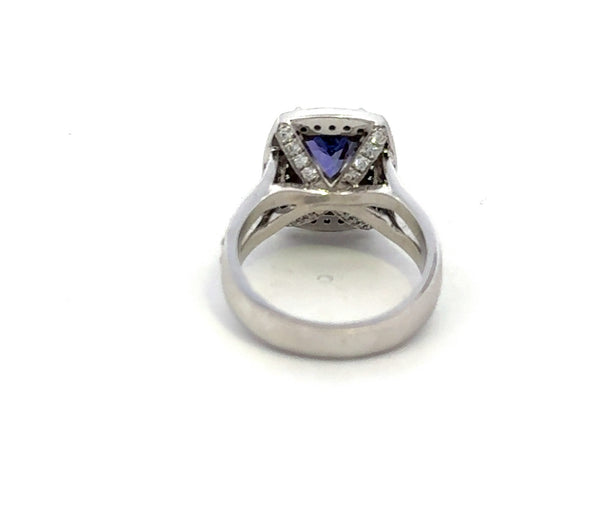 RING 18CT WHITE GOLD COCKTAIL CLAW SET NATURAL CUSHION CUT TANZANITE AND NATURAL BRILLIANT CUT DIAMONDS PAVE' SET HAND CRAFTED BY CRICELLI