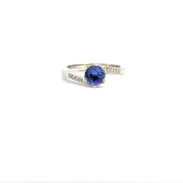 9CT WHITE GOLD DRESS RING BRILLIANT CUT NATURAL TANZANITE  AND BRILLIANT CUT DIAMONDS HAND CRAFTED