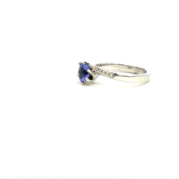 9CT WHITE GOLD DRESS RING BRILLIANT CUT NATURAL TANZANITE  AND BRILLIANT CUT DIAMONDS HAND CRAFTED