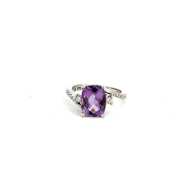 9CT WHITE GOLD COCKTAIL TRILOGY RING CUSHION CUT CHECKER AMETHYST AND BRILLIANT CUT DIAMONDS HAND CRAFTED