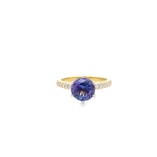 18CT YELLOW AND WHITE GOLD BRILLIANT CUT TANZANITE AND DIAMOND CLAW SET COCKTAIL RING HAND CRAFTED