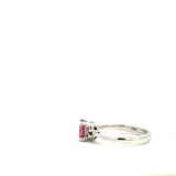 9CT WHITE GOLD TRILOGY RING CLAW SET NATURAL OVAL PINK TOURMALINE AND BRILLIANT CUT DIAMONDS HAND CRAFTED