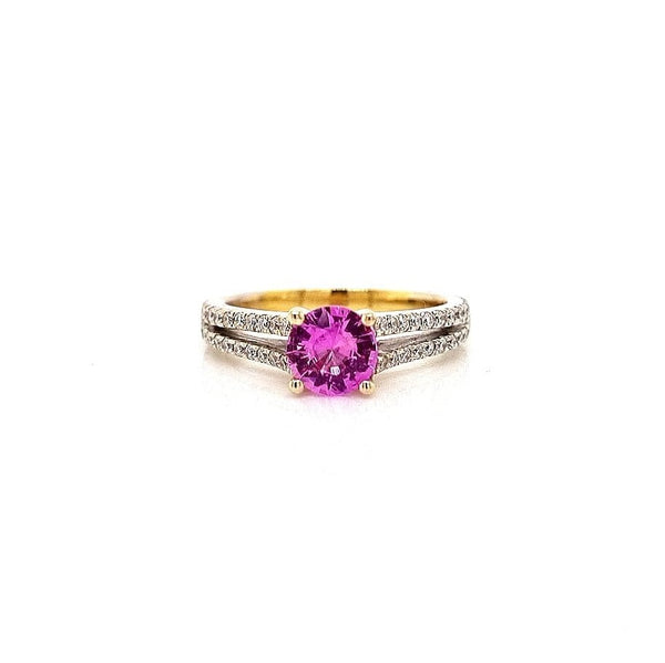 18CT YELLOW AND WHITE GOLD DRESS RING CLAW SET BRILLIANT CUT PINK SAPPHIRE AND BRILLIANT CUT DIAMONDS HAND CRAFTED 