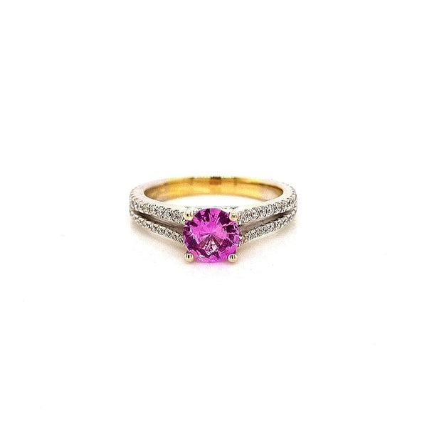 18CT YELLOW AND WHITE GOLD DRESS RING CLAW SET BRILLIANT CUT PINK SAPPHIRE AND BRILLIANT CUT DIAMONDS HAND CRAFTED 