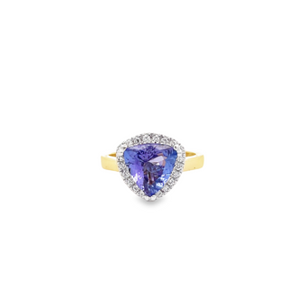 18CT YELLOW AND WHITE GOLD TRILLIAN CUT TANZANITE AND DIAMOND HALO COCKTAIL RING CLAW SET HAND CRAFTED