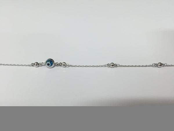 BRACELET 18CT WHITE GOLD TRACE CHAIN FEATURING EYE CHARM AND FACETED BALLS 18CM LONG WITH ADJUSTER AT 14CM MADE IN ITALY