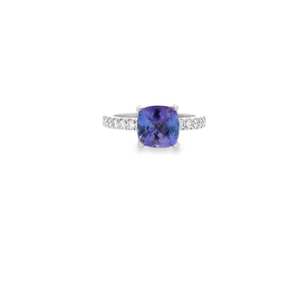 PLATINUM DIAMOND BAND COCKTAIL RING CLAW SET CUSHION CUT TANZANITE AND BRILLIANT CUT DIAMONDS HAND CRAFTED