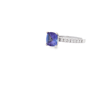 PLATINUM DIAMOND BAND COCKTAIL RING CLAW SET CUSHION CUT TANZANITE AND BRILLIANT CUT DIAMONDS HAND CRAFTED