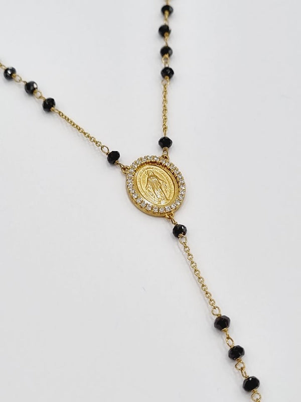 18ct Yellow Gold Onyx & Cystal Rosary Necklace