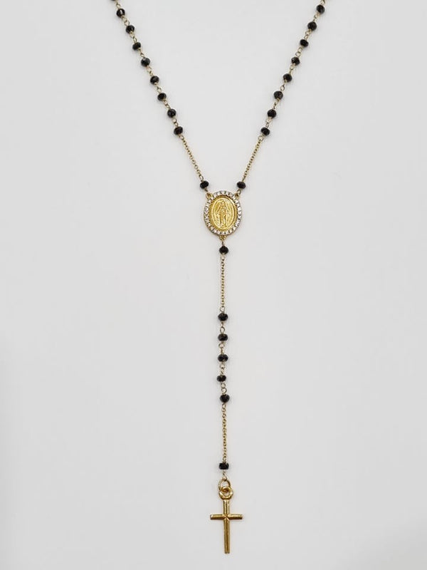 18ct Yellow Gold Onyx & Cystal Rosary Necklace