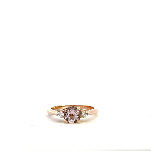 9CT ROSE GOLD TRILOGY RING  CLAW SET BRILLIANT CUT NATURAL MORGANITE  AND BRILLIANT CUT DIAMONDS HAND CRAFTED