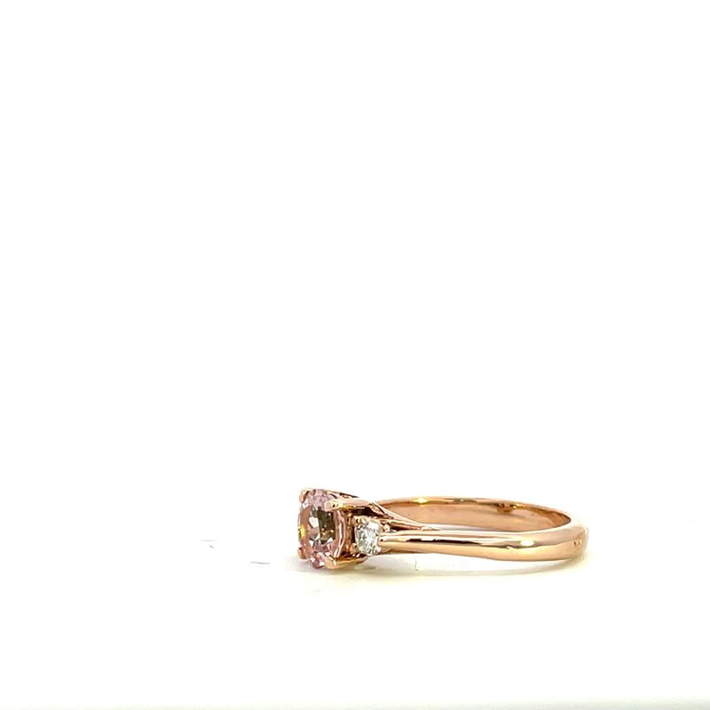 9CT ROSE GOLD TRILOGY RING  CLAW SET BRILLIANT CUT NATURAL MORGANITE  AND BRILLIANT CUT DIAMONDS HAND CRAFTED
