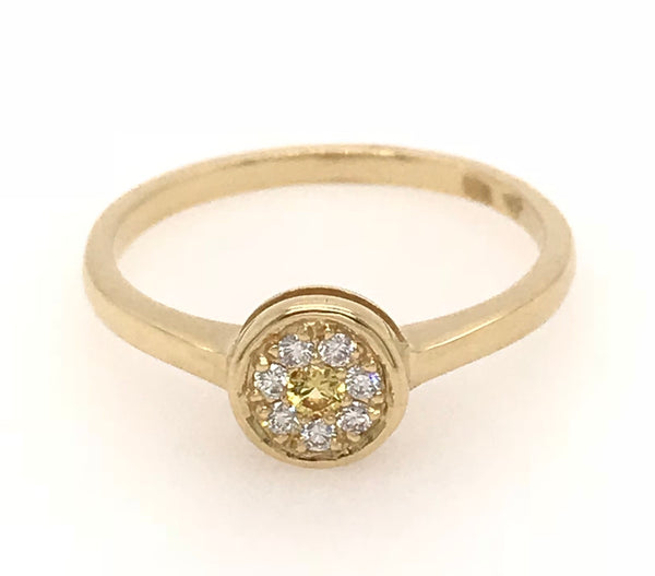 18CT YELLOW GOLD ROUNG TOP RING CHILD / ADULT YELLOW SAPPHIRE AND BRILLIANT CUT DIAMONDS HAND CRAFTED