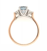 18CT ROSE AND WHITE GOLD TRILOGY RING OVAL CUT BLUE TOPAZ AND BRILLIANT CUT DIAMONDS HAND CRAFTED