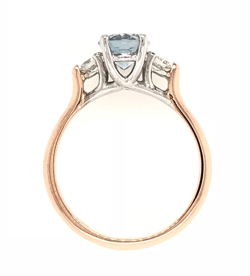 18CT ROSE AND WHITE GOLD TRILOGY RING OVAL CUT BLUE TOPAZ AND BRILLIANT CUT DIAMONDS HAND CRAFTED