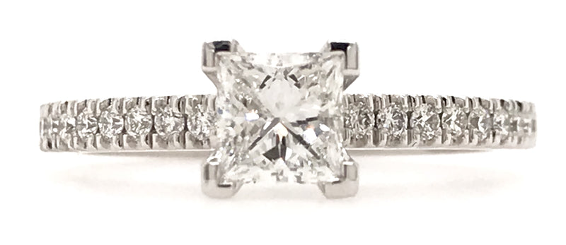 18CT WHITE GOLD BRILLIANT CUT DIAMOND BAND ENGAGEMENT RING CLAW SET WITH PRINCESS CUT DIAMOND HAND CRAFTED