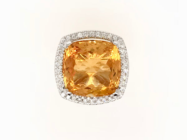 18CT YELLOW AND WHITE GOLD COCKTAIL RING CUSHION GOLDEN CITRINE AND BRILLIANT CUT DIAMONDS HAND CRAFTED