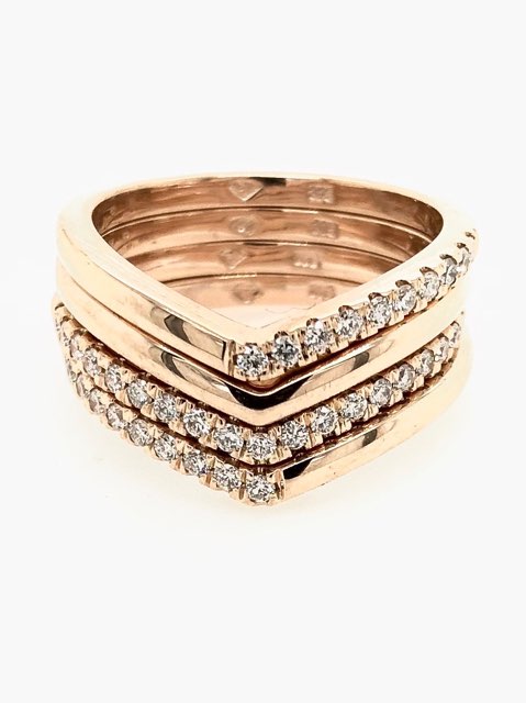 9CT ROSE GOLD SHIMMERING VICTORY V STACKABLE RING CLAW SET BRILLIANT CUT DIAMONDS HAND CRAFTED