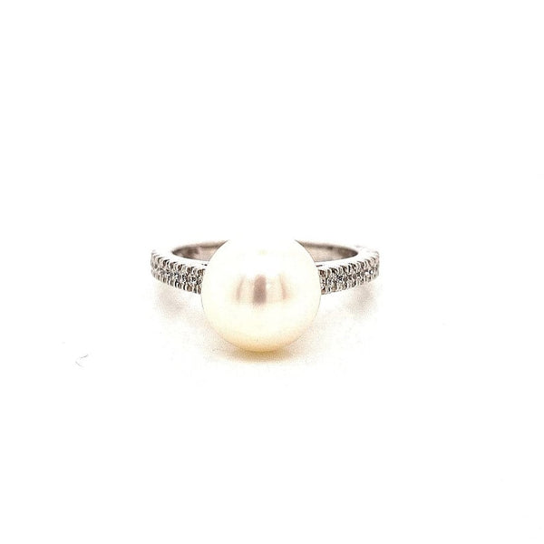 18CT WHITE GOLD COCKTAIL RING CLAW SET CULTURED PEARL AND BRILLIANT CUT DIAMONDS HAND CRAFTED