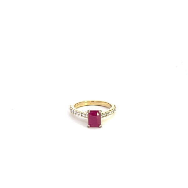 18CT YELLOW GOLD LADIES DRESS RING CLAW SET NATURAL RUBY AND BRILLIANT CUT DIAMONDS  HAND CRAFTED