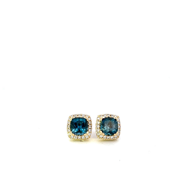 18CT YELLOW GOLD EARRINGS CLAW SET CUSHION CUT LONDON BLUE TOPAZ AND BRILLIANT CUT DIAMONDS HAND CRAFTED 