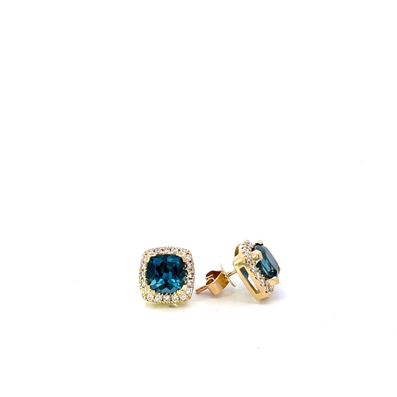 18CT YELLOW GOLD EARRINGS CLAW SET CUSHION CUT LONDON BLUE TOPAZ AND BRILLIANT CUT DIAMONDS HAND CRAFTED 