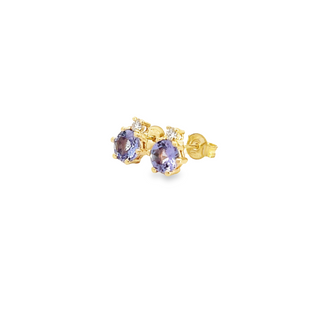 STUD EARRINGS 9CT YELLOW GOLD BRILLIANT CUT DIAMONDS AND TANZANITE CLAW SET HAND CRAFTED