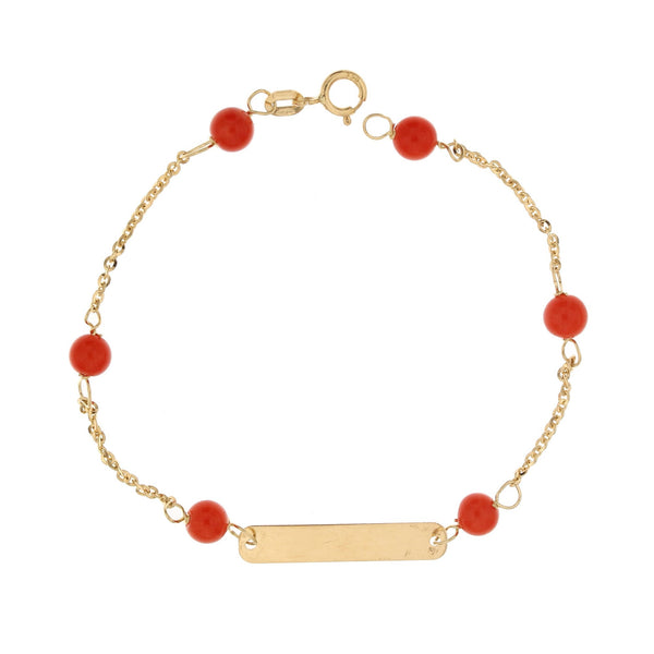 ID BRACELET 18CT YELLOW GOLD FEATURING 6 ROUND RED CORAL, 14CM LONG  MADE IN ITALY