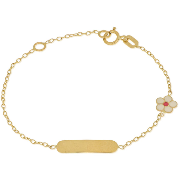 ID BRACELET 18CT YELLOW GOLD FEATURING WHITE AND RED FLOWER, 14CM LONG  MADE IN ITALY