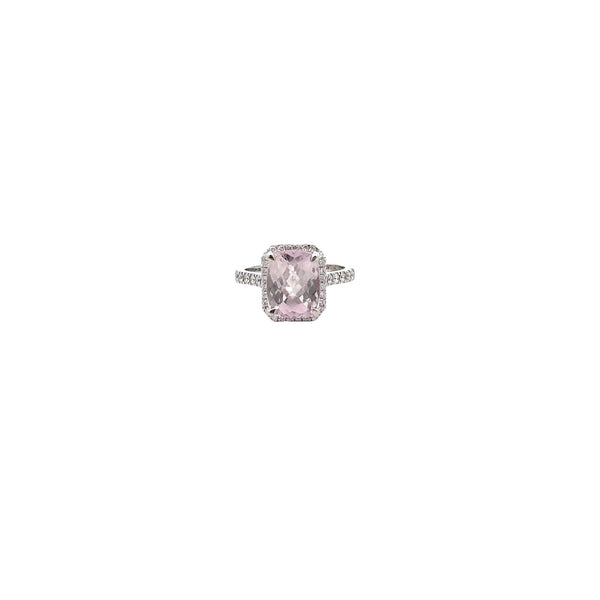 18CT WHITE GOLD DRESS RING CLAW SET FEATURING CUSHION CUT NATURAL PINK MORGANITE AND NATURAL BRILLIANT CUT DIAMONDS HAND CRAFTED BY CRICELLI 