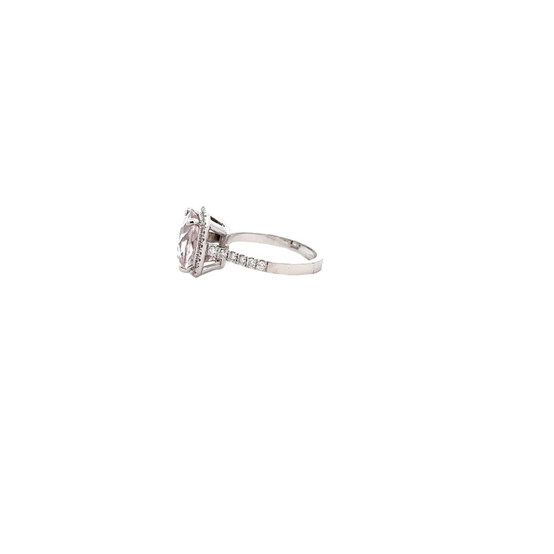 18CT WHITE GOLD DRESS RING CLAW SET FEATURING CUSHION CUT NATURAL PINK MORGANITE AND NATURAL BRILLIANT CUT DIAMONDS HAND CRAFTED BY CRICELLI 