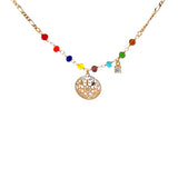 NECKLACE S/SILVER 925 GOLD PLATTED 3 ON 1 FIGERO CHAIN 9 COLOURED STONES AND FILIGREE DISK ITALIAN MADE