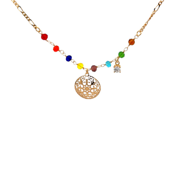 NECKLACE S/SILVER 925 GOLD PLATTED 3 ON 1 FIGERO CHAIN 9 COLOURED STONES AND FILIGREE DISK ITALIAN MADE