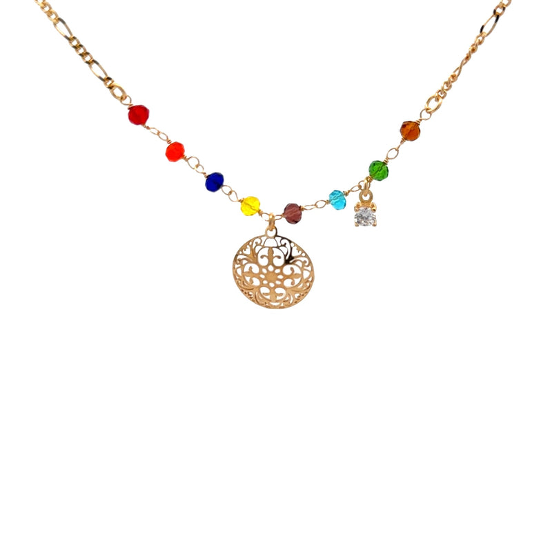 NECKLACE S/SILVER 925 GOLD PLATTED 3 ON 1 FIGERO CHAIN 9 COLOURED STONES AND FILIGREE DISK ITALIAN MADE