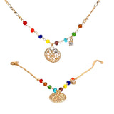 NECKLACE S/SILVER 925 GOLD PLATTED 3 ON 1 FIGERO CHAIN 9 COLOURED STONES AND FILIGREE DISK ITALIAN MADE