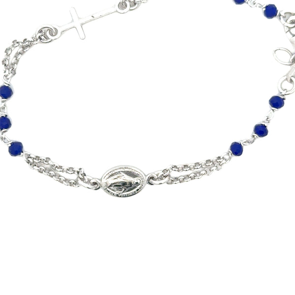 BRACELET S/SILVER 925 ROSARY DG STYLE NAVY BLUE FACETED STONES MIRACULOUS AND CROSS ITALIAN MADE 