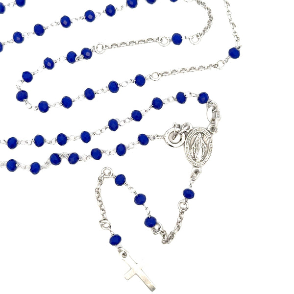 ROSARY S/SILVER 925 NECKLACE NAVY BLUE FACETED STONES MIRACULOUS MEDAL AND CROSS 