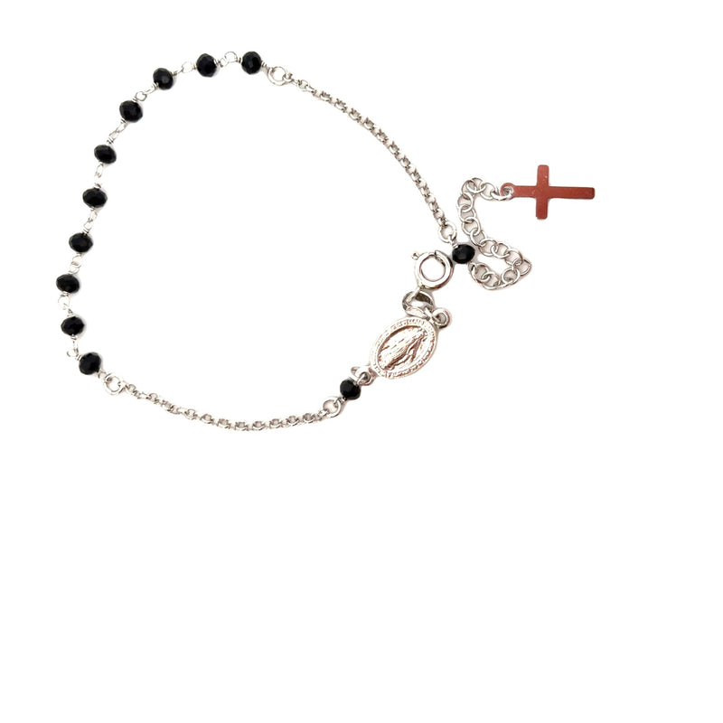 BRACELET S/SILVER 925 ROSARY BLACK FACETED STONES MIRACULOU MEDAL AND CROSS ITALIAN MADE