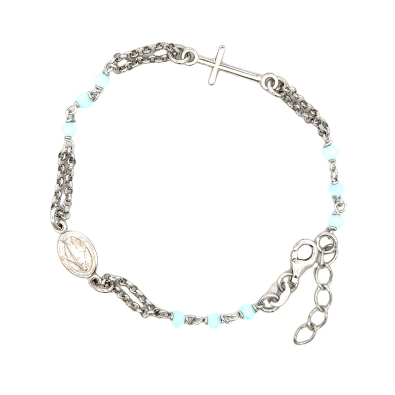 BRACELET S/SILVER 925 ROSARY LIGHT BLUE FACETED STONES MIRACULOUS MEDAL AND CROSS ITALIAN MADE