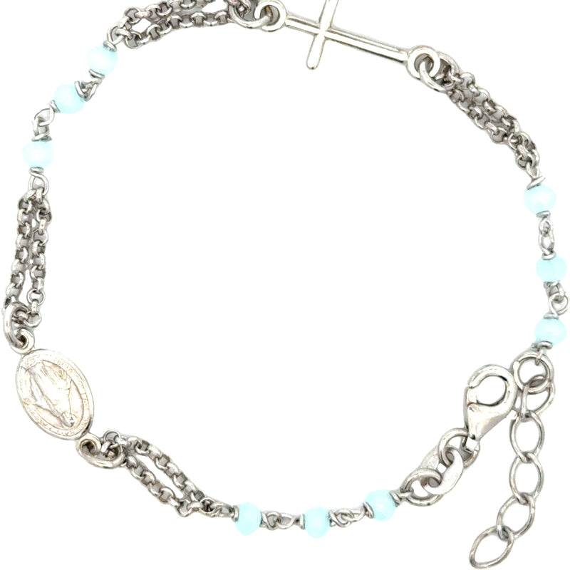 BRACELET S/SILVER 925 ROSARY LIGHT BLUE FACETED STONES MIRACULOUS MEDAL AND CROSS ITALIAN MADE