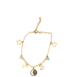 BRACELET S/SILVER GOLD PLATED CUT OUT STARS,AND MOONS , CUBIC ZIRCONIA AND A FACETED LIGHT BLUE STONE 