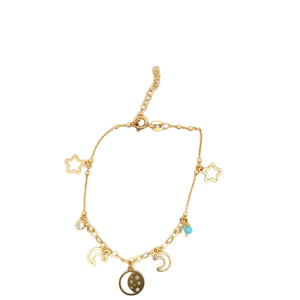 BRACELET S/SILVER GOLD PLATED CUT OUT STARS,AND MOONS , CUBIC ZIRCONIA AND A FACETED LIGHT BLUE STONE 