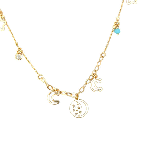 NECKLACE S/SILVER GOLD PLATED CUT OUT STARS, MOONS A CUBIC ZIRCONIA  AND FACETED LIGHT BLUE STONE