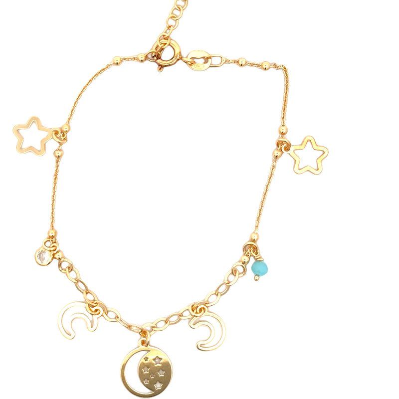 NECKLACE S/SILVER GOLD PLATED CUT OUT STARS, MOONS A CUBIC ZIRCONIA  AND FACETED LIGHT BLUE STONE