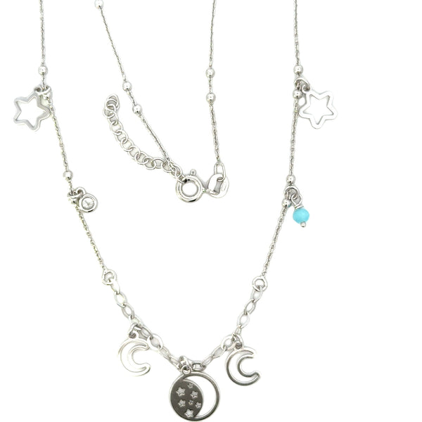 NECKLACE S/SILVER CUT OUT STARS,MOONS,CUBIC ZIRCONIA STONE AND A FACETED LIGHT BLUE STONE