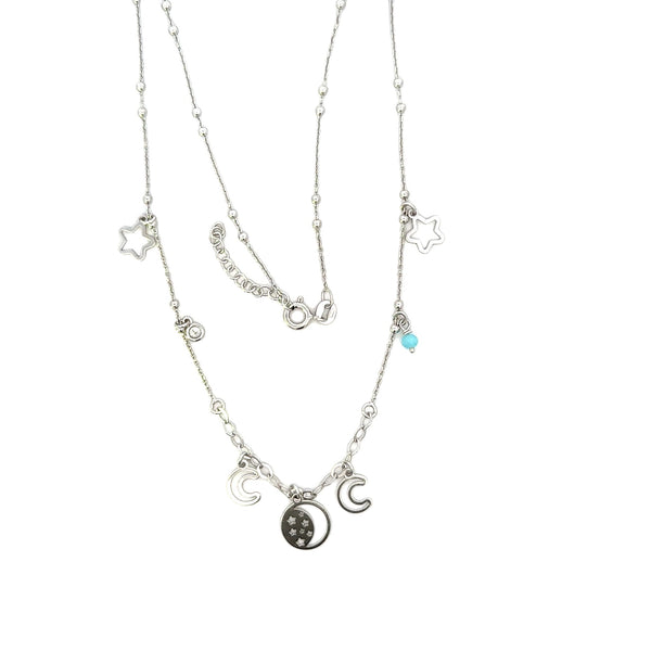 NECKLACE S/SILVER CUT OUT STARS,MOONS,CUBIC ZIRCONIA STONE AND A FACETED LIGHT BLUE STONE