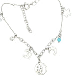 NECKLACE S/SILVER CUT OUT STARS,MOONS,CUBIC ZIRCONIA STONE AND A FACETED LIGHT BLUE STONE