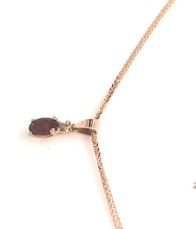 9CT ROSE GOLD PENDANT CLAW SET NATURAL OVAL GARNET AND BRILLAINT CUT DIAMOND HAND CRAFTED